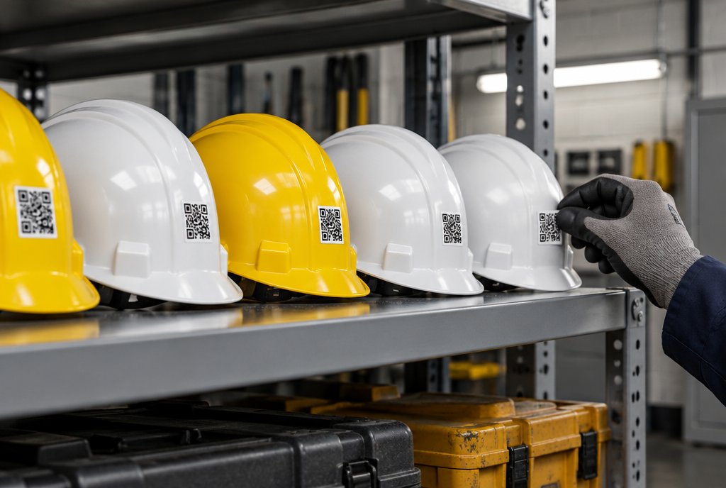 Row of hard hats with Smack Tags QR code stickers