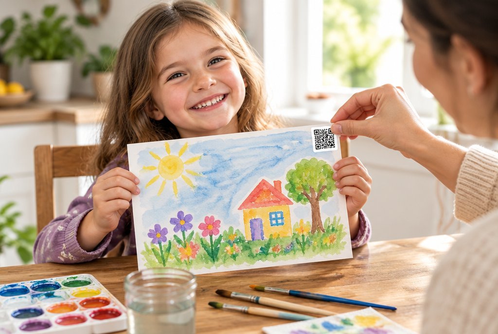 Parent adding a Smack Tag to a child’s painting